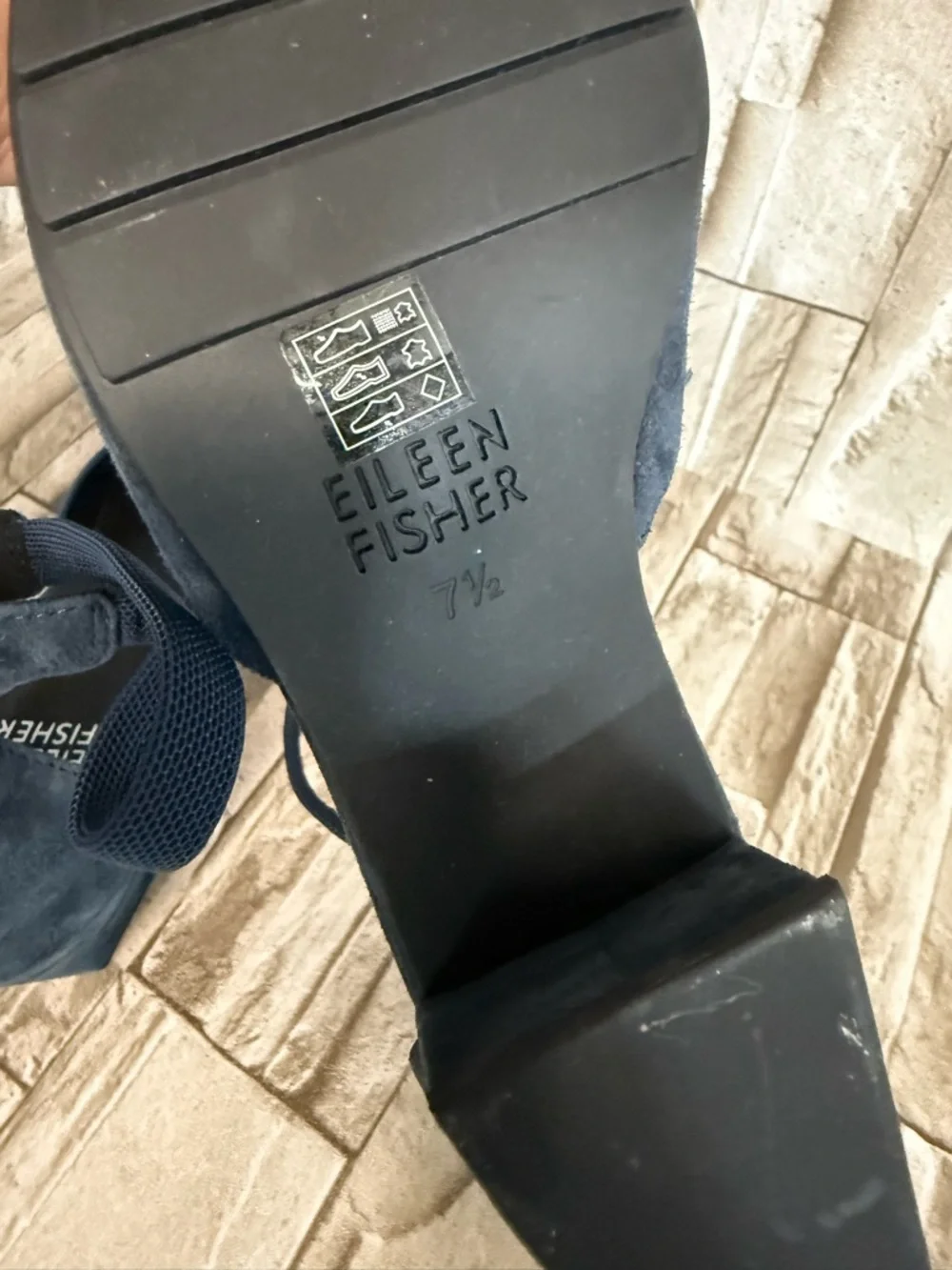 Eileen Fisher Navy Suede Square-Toe Ankle-Strap Block Heels - Picture 5 of 6